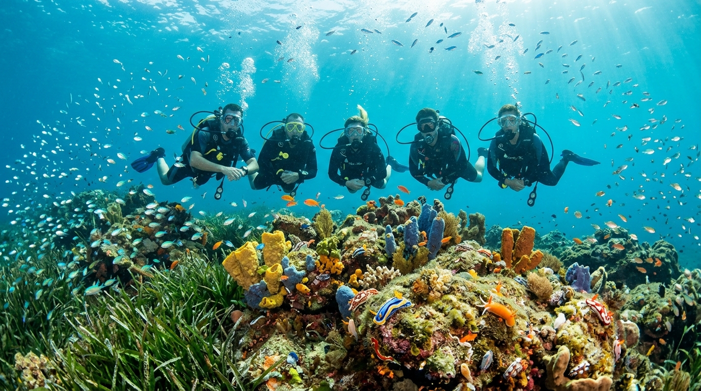Богатый подводный риф с морскими губками, водорослями, яркими голожаберными моллюсками и рыбами